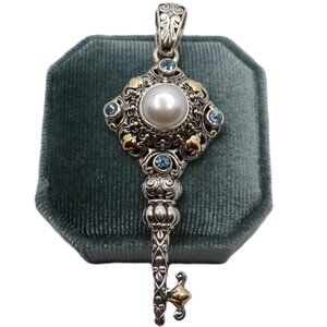 Sterling Silver Key Pendant with Freshwater Pearl & Blue Topaz, 18K Gold Accents